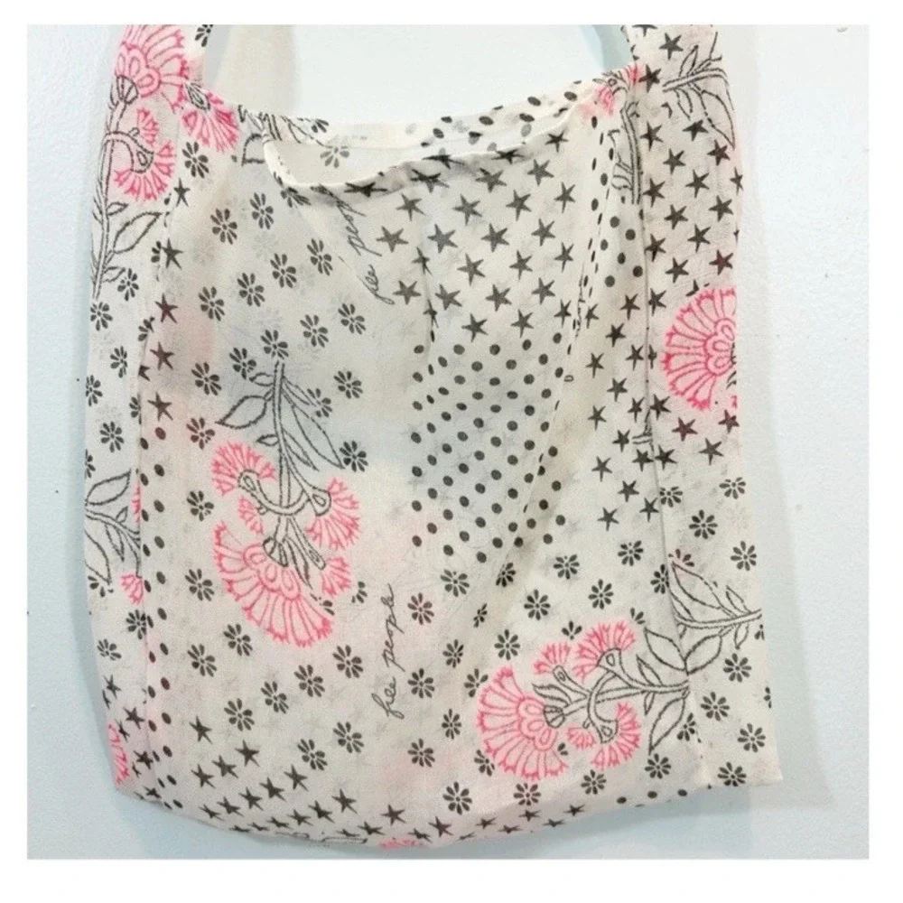 Free People Pink Floral Star Gauze Tote‎ Bag Boho Slouchy Everyday Market Hobo